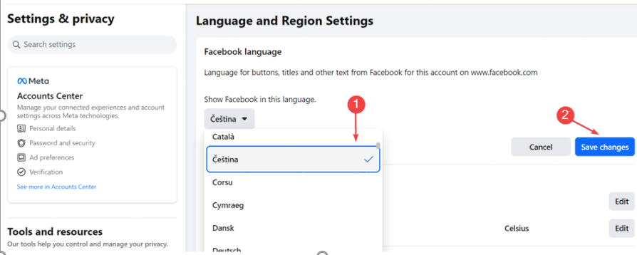 Language and region settings (Save change)