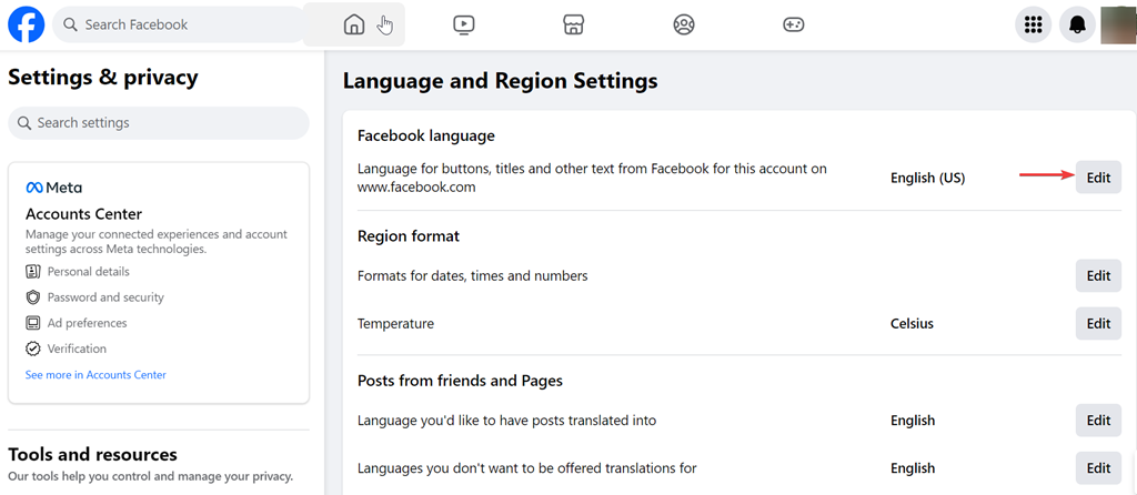 Language and region settings